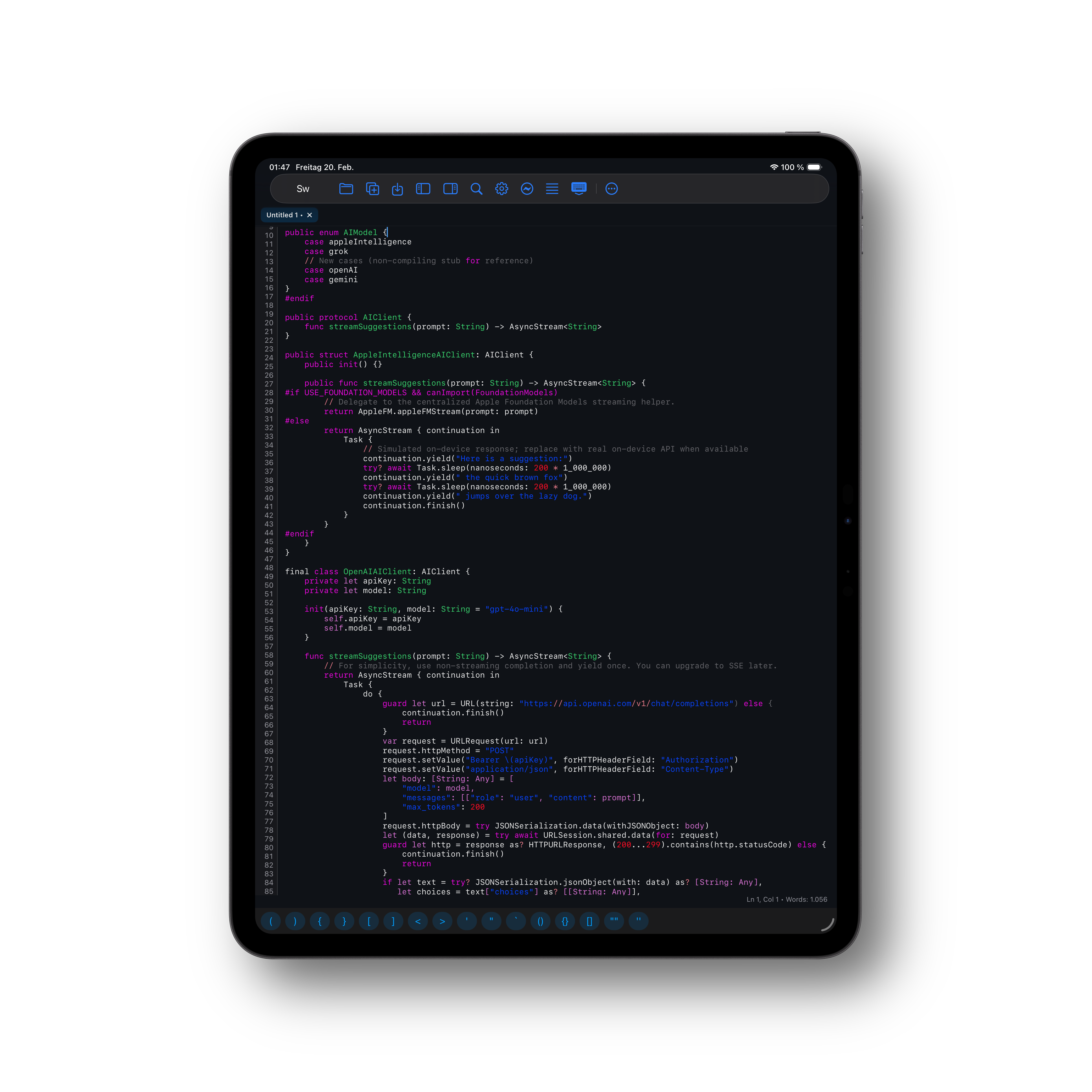iPad editor in dark mode