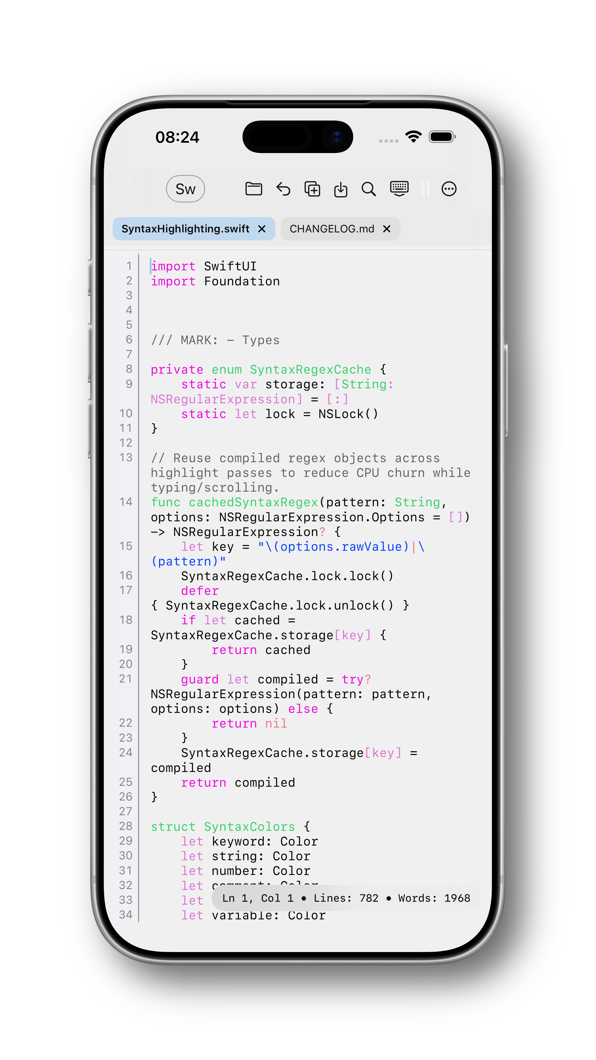 iPhone editor screenshot in light mode with syntax highlighting and keyboard bar