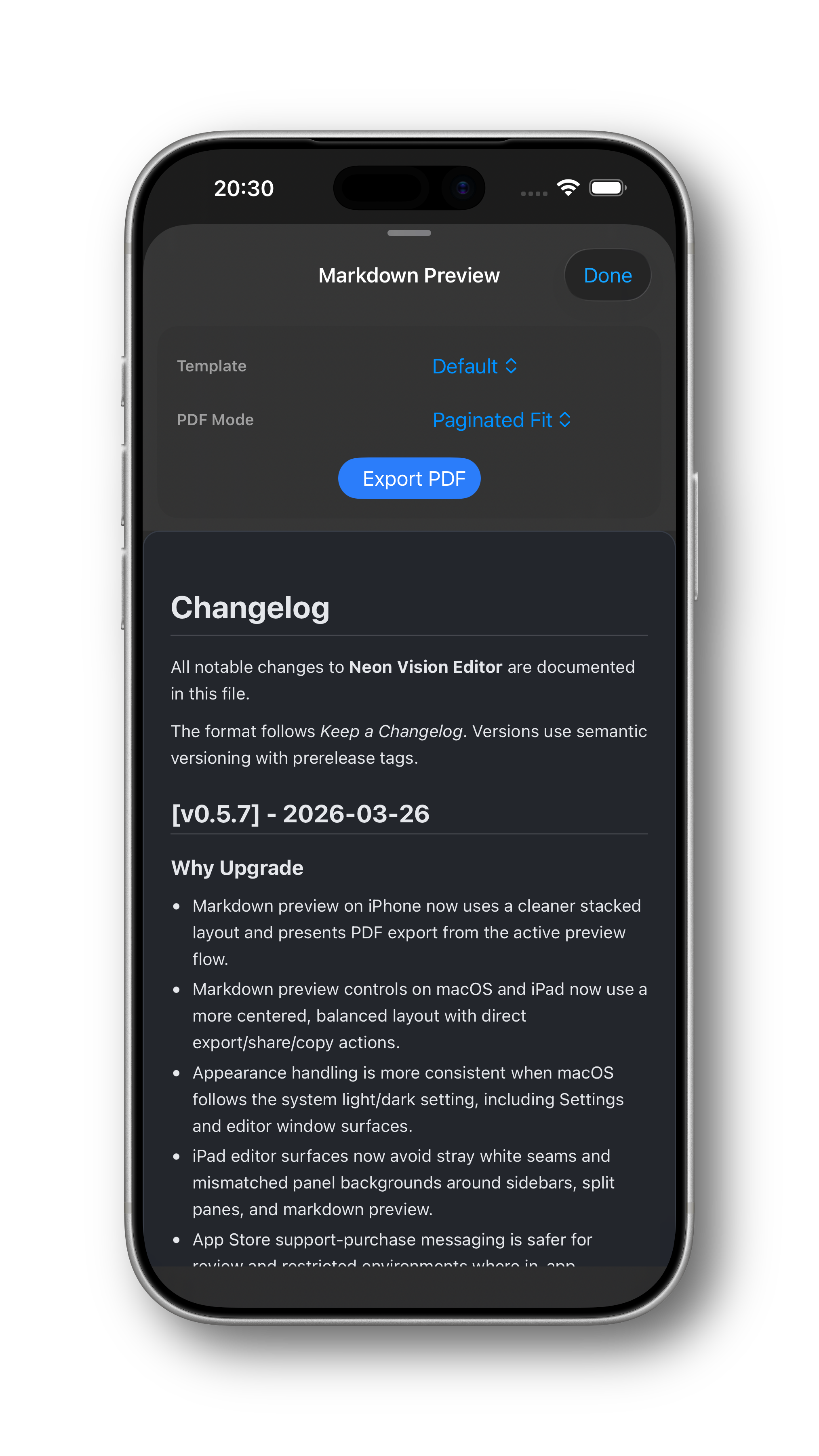 iPhone markdown preview screenshot in dark mode with export controls