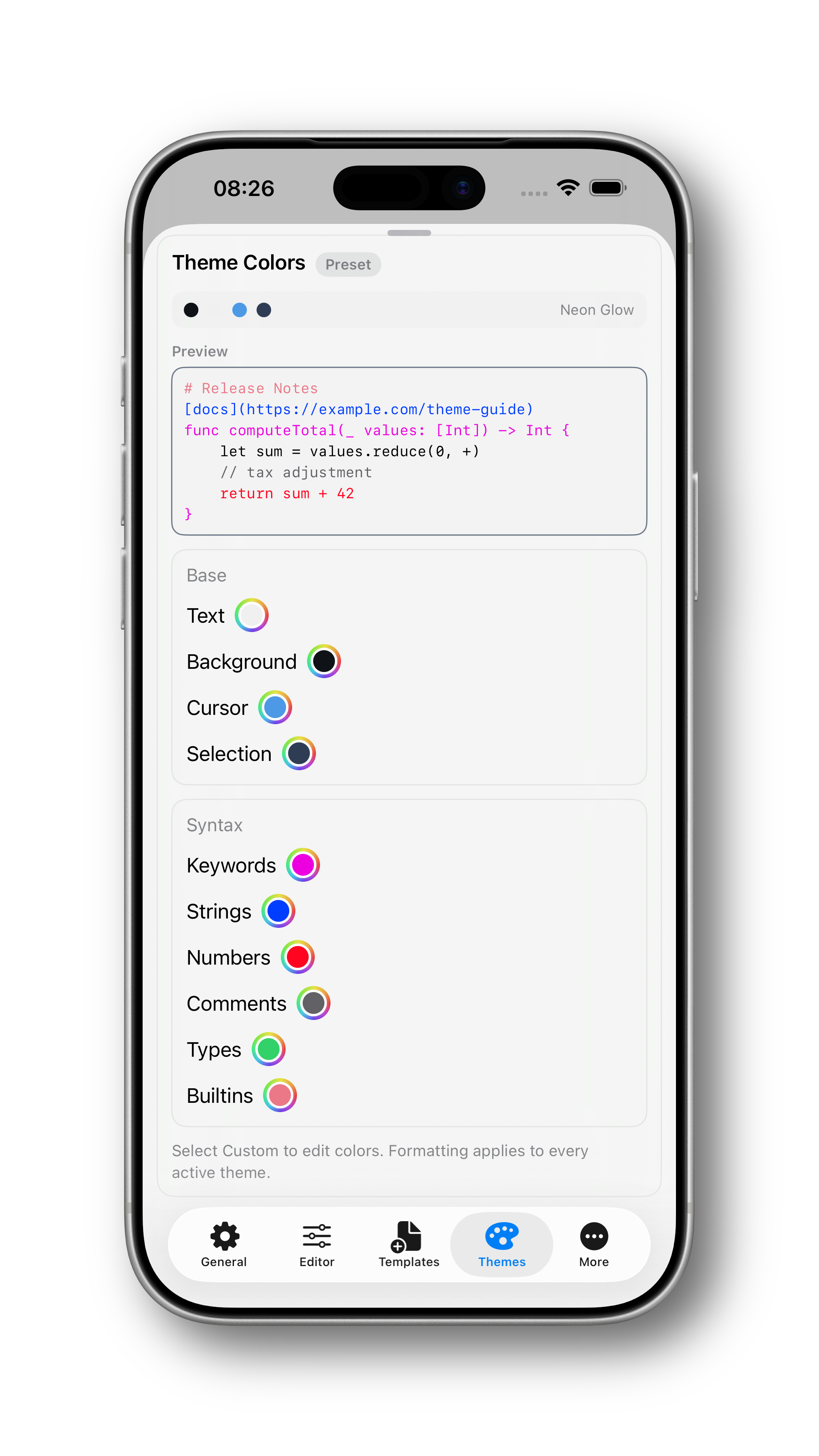 iPhone theme colors editor screenshot in light mode