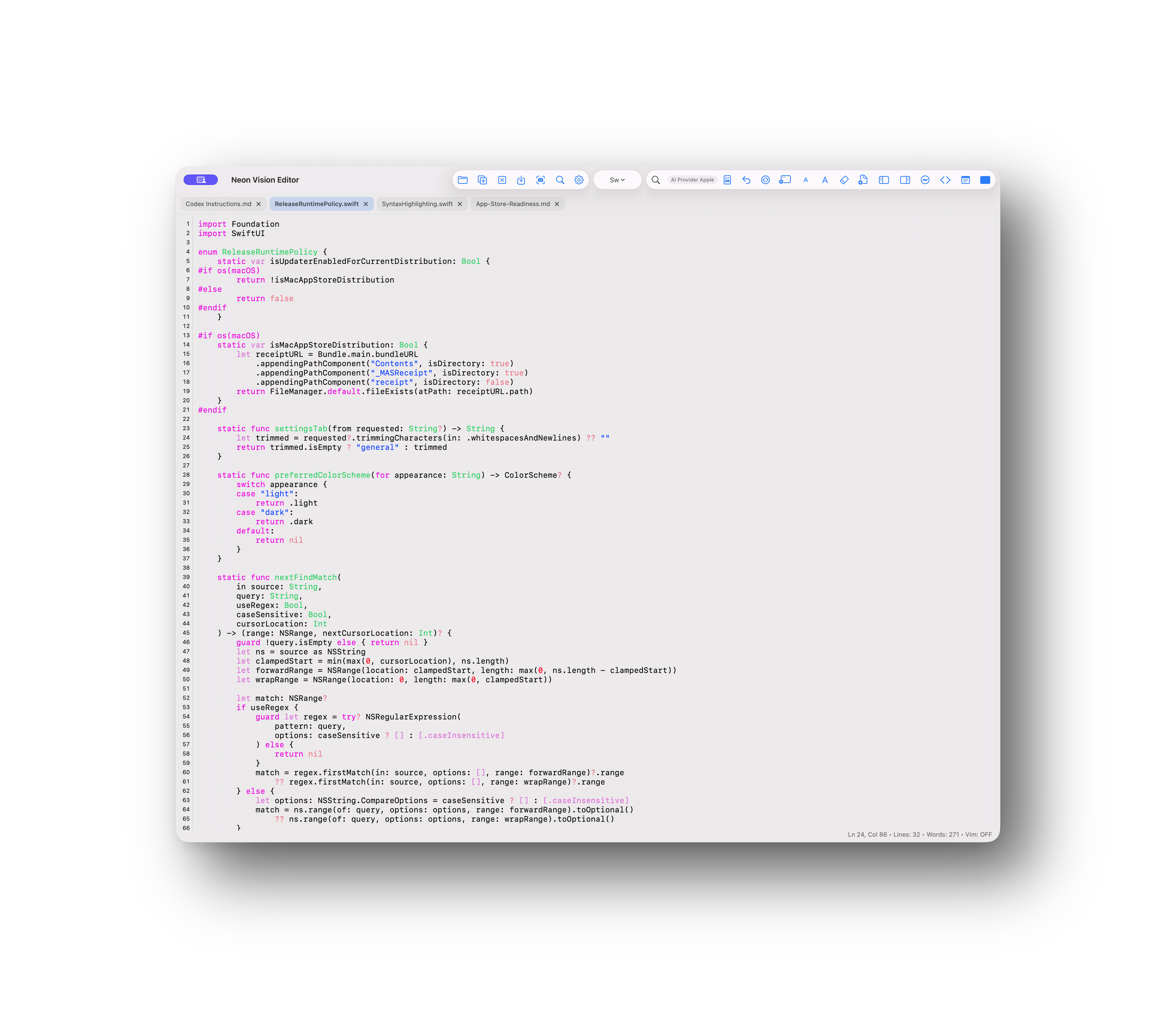 Neon Vision Editor macOS editor screenshot in framed light appearance