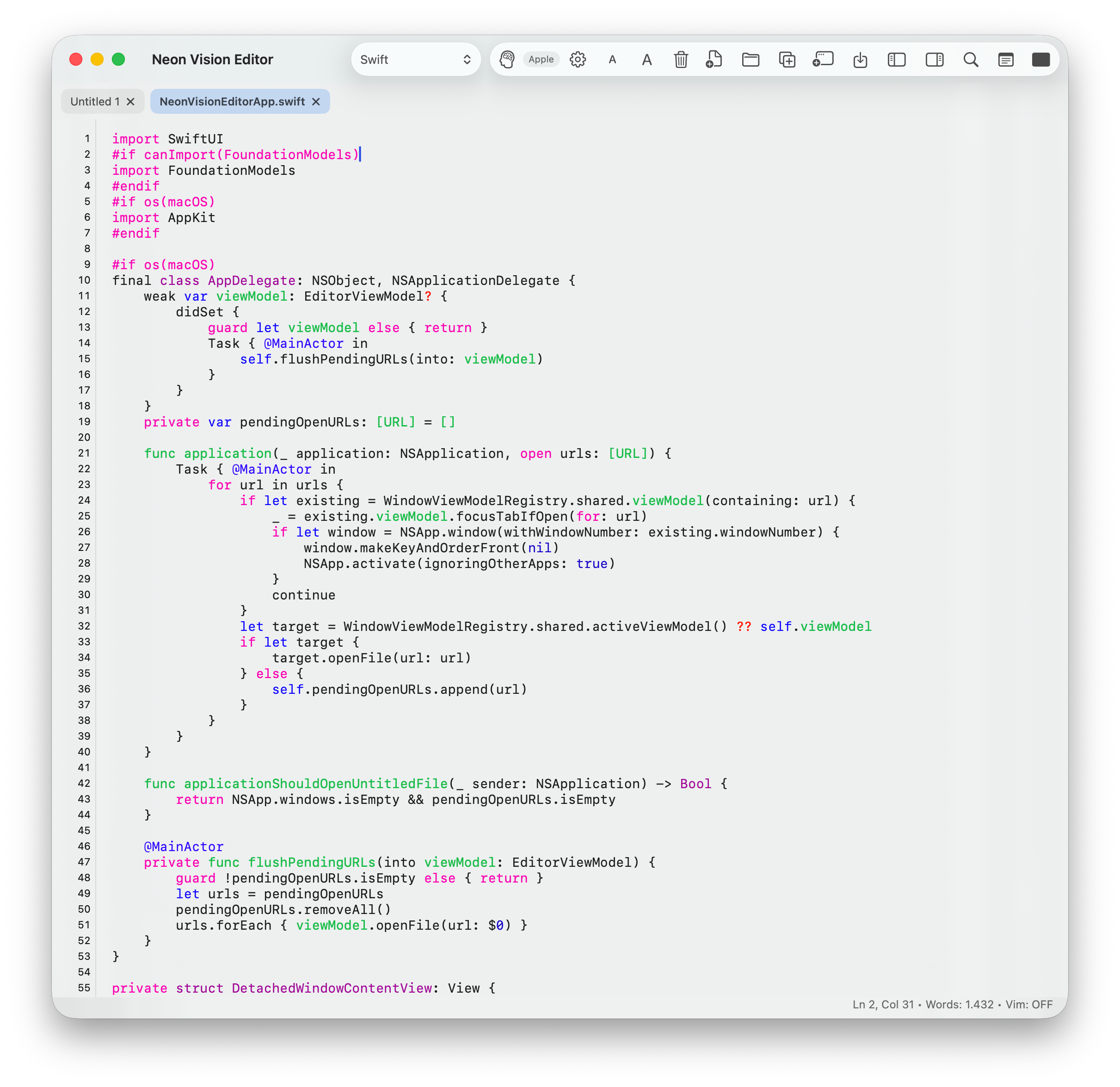 Neon Vision Editor macOS app screenshot