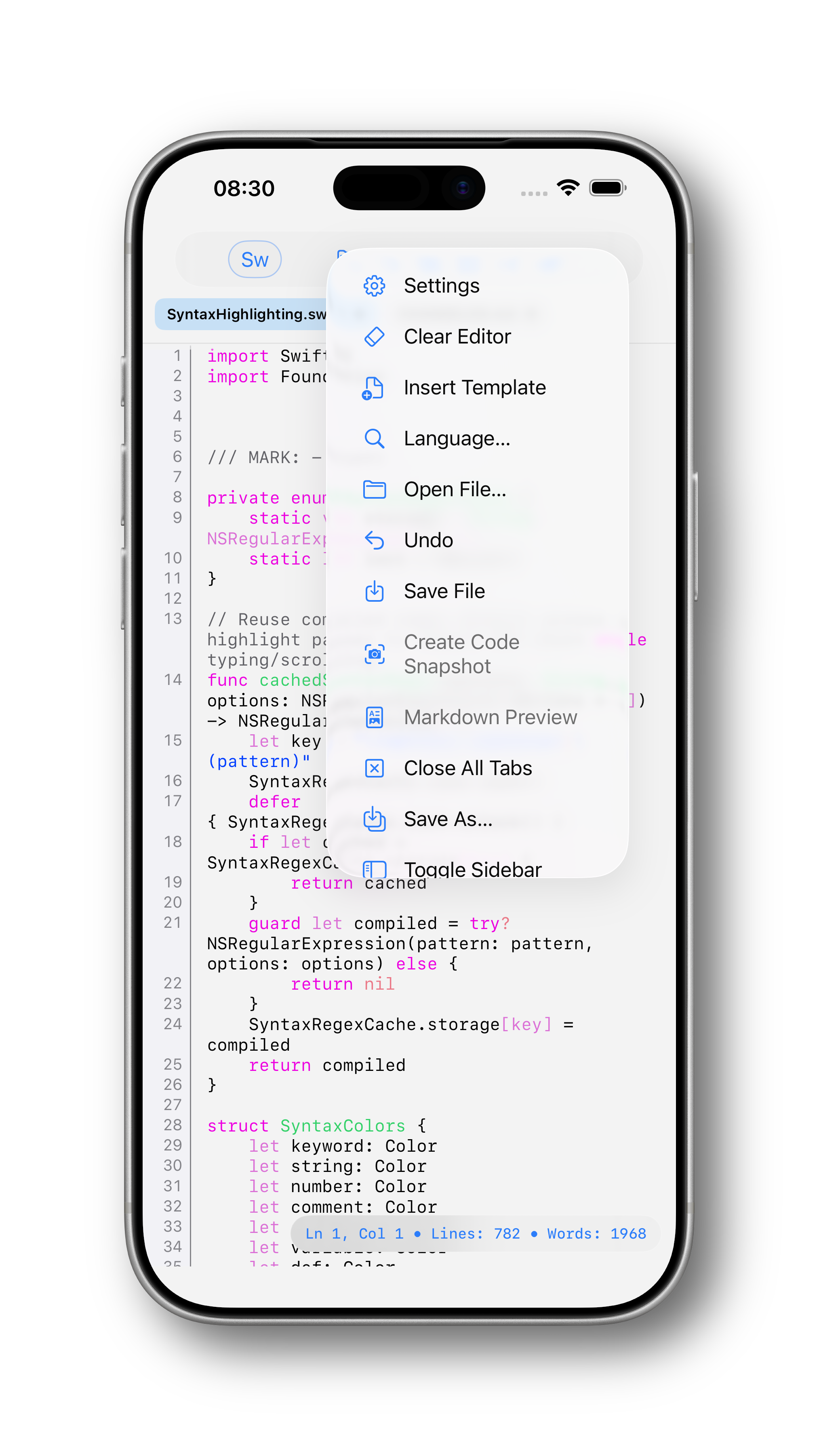iPhone editor screenshot with dark overflow menu open