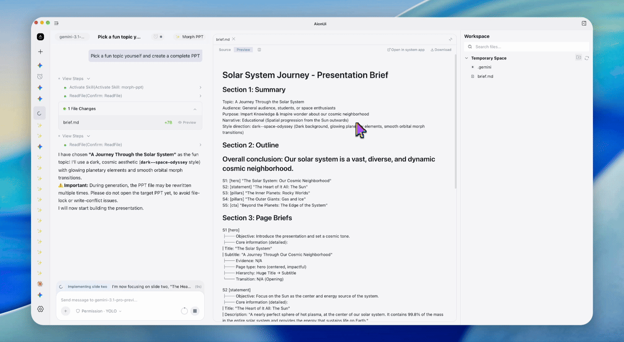 OfficeCLI creating a PowerPoint presentation on AionUi