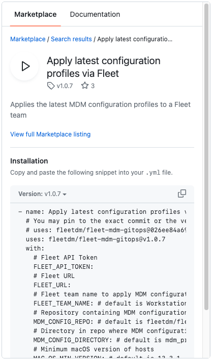 Click on Apply latest configuration profiles via Fleet to expand the listing. Expland the marketplace listing.